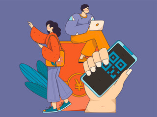 Holiday shopping people doing e-commerce online shopping flat vector concept operation hand drawn illustration
