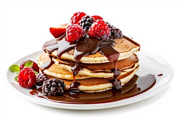 a stack of pancakes with chocolate sauce and berries