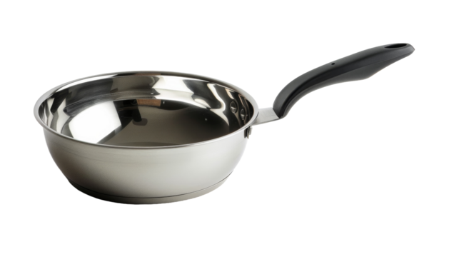 A stainless steel pan with a black handle is displayed