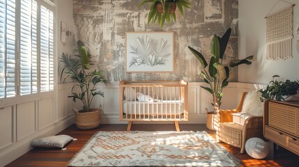 Parents assembling a crib in a beautifully decorated nursery with their baby nearby , Asia Person, Leading lines, centered in frame, natural light,photography