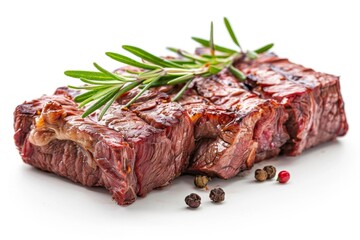 Juicy grilled steak garnished with rosemary and peppercorns on a white background. Perfect for cooking, recipe, and restaurant visuals.