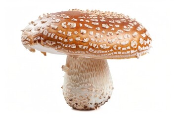 High-resolution close-up of a red and white fly agaric mushroom against a white background. Perfect for educational and nature-themed projects.
