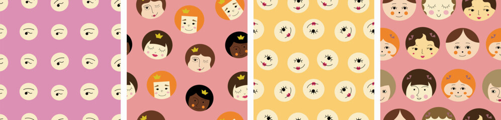 Pack of four patterns, beautiful girlish faces. Cute creative surface design, women guise, endless print.