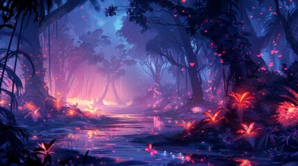 Obraz premium Magical fantasy forest with glowing flowers and ethereal light, creating a surreal, dreamlike atmosphere in a serene natural setting.
