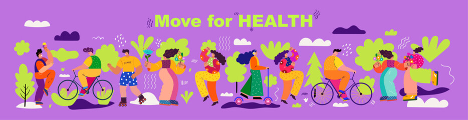 Group of people on the move and doing sports. Illustration on the theme of active summer fun and healthy leisure © moleskostudio