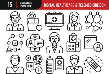 Digital Healthcare & Telemedicine concept editable stroke outline icons isolated on white background flat vector illustration