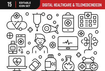 Digital Healthcare & Telemedicine concept editable stroke outline icons isolated on white background flat vector illustration