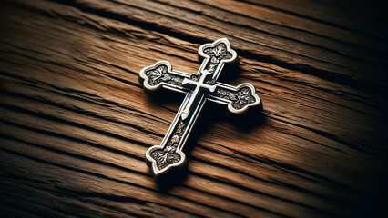 silver Orthodox cross on a wooden texture background.