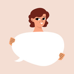 Young woman holding blank placard, poster, mockup. Pretty girl swowing empty presentation. Isolated illustration.