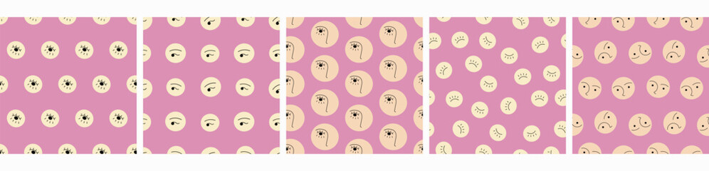 Collection of five repeating patterns, flat sketch. Seamless colorful design, continuous print.