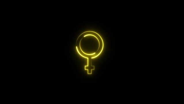 Animation neon female gender symbol on the black background. woman icon with dynamic neon line.