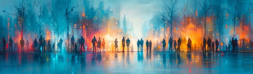 Obraz premium Panoramic depiction of silhouetted figures in a neonlit urban environment, exuding a dynamic and atmospheric mood