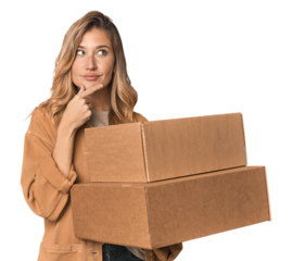 Blonde Caucasian moving with large boxes looking sideways with doubtful and skeptical expression.