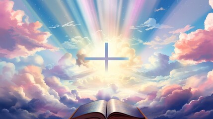 watercolor cross with bible, clouds and light rays background, fantasy digital art style in the style of detailed