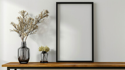 Sleek modern interior with a glossy black frame mockup under a polished wooden table, crisp...