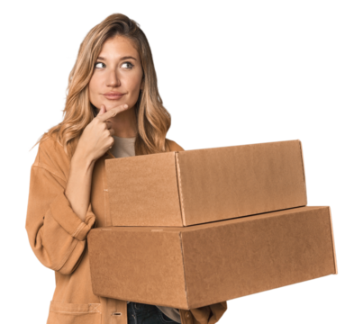 Blonde Caucasian moving with large boxes looking sideways with doubtful and skeptical expression.