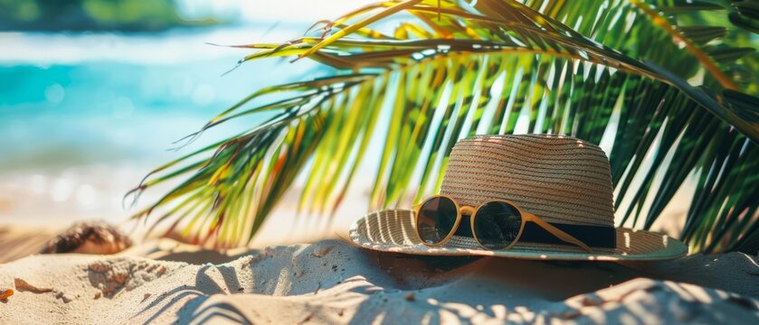 Vacation summer holiday travel tropical ocean sea background panorama - Close up of straw hat and sunglasses on the beach with ocean and palms in the background