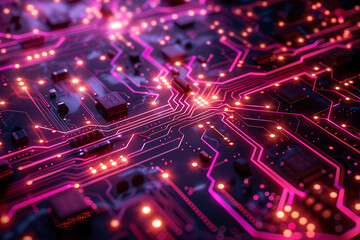 An intricate abstract design featuring interconnected circuit patterns in vibrant colors, symbolizing modern technology and digital innovation