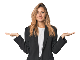 Young businesswoman in a suit makes scale with arms, feels happy and confident.