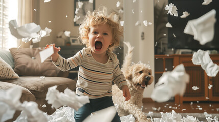 Little Girl Running Through Pile of Shredded Paper