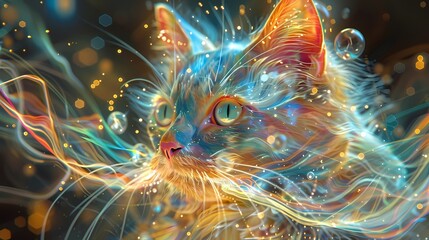 Colorful fantasy cat universe gorgeous lines poster background