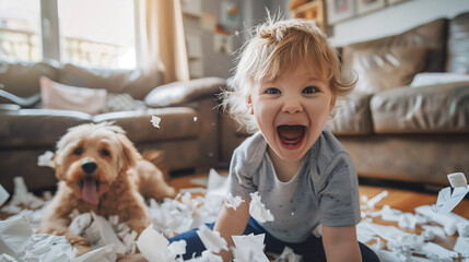Baby and Dog Playing in Messy Room