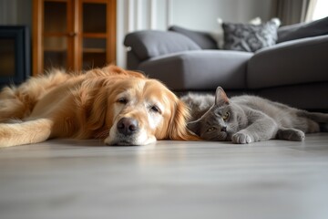 A dog and cat lounging together on the floor in a house. The domestic setting emphasises their relaxed and cozy interaction. Horizontal. Space for copy.
