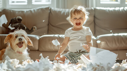 Little Boy and Dog Playing in Messy Living Room