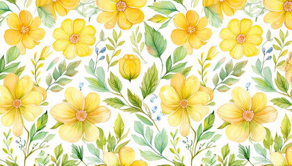 Watercolor pattern of yellow flowers, twigs with green leaves, white background. Botanical artwork.