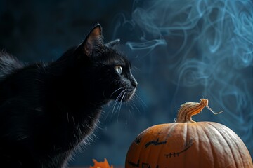 Obraz premium Pumpkin with black cat on a dark Halloween background creating a spooky scene