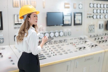 Asian female engineer immersed in the complexities of the power plant industry Work diligently to...