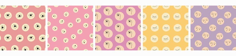 Five endless patterns, minimalist elements. Creative branding design, abstract background.