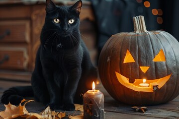 Black cat with glowing pumpkin on a Halloween-themed background creating a spooky atmosphere