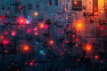 Obraz premium An intricate abstract design featuring interconnected circuit patterns in vibrant colors, symbolizing modern technology and digital innovation