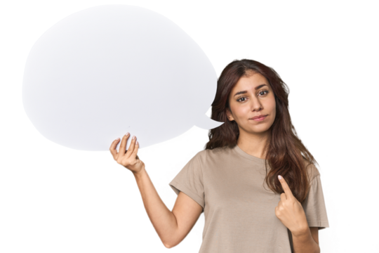 Middle Eastern woman holding comic bubble pointing with finger at you as if inviting come closer.