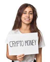 Middle Eastern woman with crypto sign laughing and having fun.