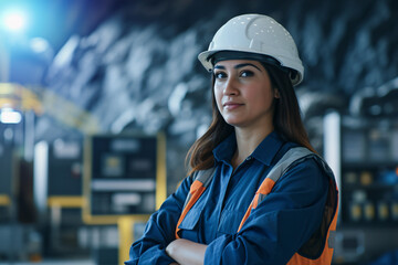Confident female worker in a hard hat standing in an industrial setting