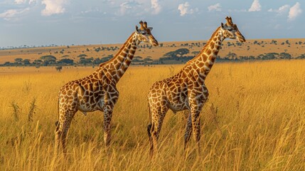 A pair of giraffes captured while standing amidst tall grass in a picturesque African savanna under...