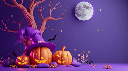 Fototapeta premium 3D-rendered cartoon Halloween scene featuring spooky tree, moon, pumpkin, and witch hat on purple backdrop