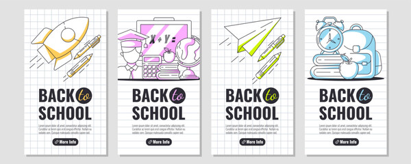 Obraz premium Set of back to school posters for social media, minimalist vertical narrow design. Checkered, lined background. School supplies, stationery, rocket launch, paper airplane. Education, learning concept.