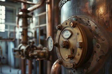 Close-up view of vintage industrial boiler with gauges. Rustic machinery. Old pipes. Valves. And obsolete bronze and copper components