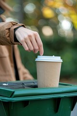 close-up of throwing a paper cup in the trash. Selective focus