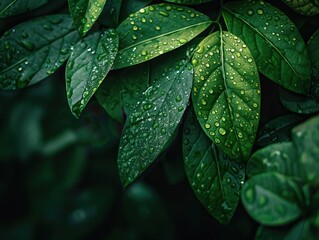 Fototapeta premium Tranquil and peaceful nature backdrop featuring close-up of vibrant green leaves adorned with glistening water droplets, bathed in the soft morning sunlight