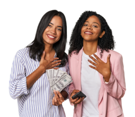 Latin businesswomen with money, phone has friendly expression, pressing palm to chest. Love concept.