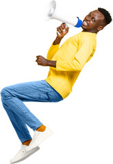 Full body side view of African angry man screaming in megaphone and looking at camera while levitating, PNG file no background 