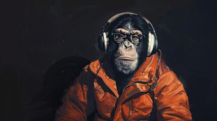 a man wearing a black and orange jacket and black headphones stands in front of a black wall, with a white and gray beard and black glasses visible