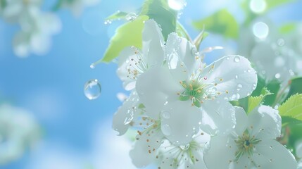 Plum blossom poster background with water drops after rain