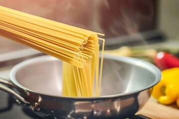 Uncooked spaghetti being lowered into a steaming pot in a kitchen setting