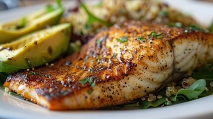 Image of a blackened swordfish steak with a side of quinoa salad and avocado slices