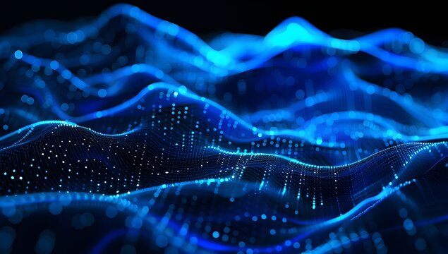 Abstract background with a blue glowing low poly wireframe network, depicting data transfer and connection concepts on a dark blue background
